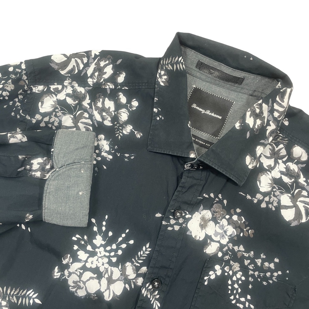 Tommy Bahama XL Island Modern Fit 100% Cotton‎ Flip Cuff Floral Black White Gray